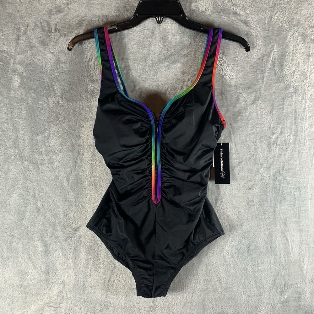 Swim Solutions Sport Womens Swimsuit 8 One Piece Black Rainbow Trip Zip Up Front
